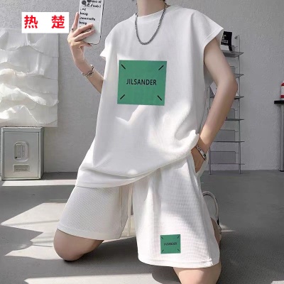 夏季新款大码男士运动套装华夫格潮无袖背心t恤百搭休闲两件套12