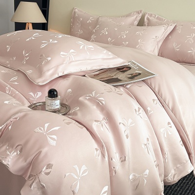 夏季提花水洗天丝四件套蝴蝶结冰丝裸睡丝滑被套高级感床品三件套