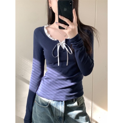 藏蓝色三粒扣上衣女美式复古bm修身短款罗纹长袖打底衫T恤女秋冬