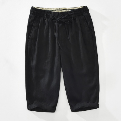 1626男士亚麻休闲裤抽绳松紧腰长裤宽松透气麻料七分裤子一件代发