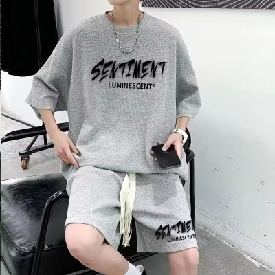 华夫格套装男生夏季青少年休闲运动装搭配帅气短裤男短袖两件套潮
