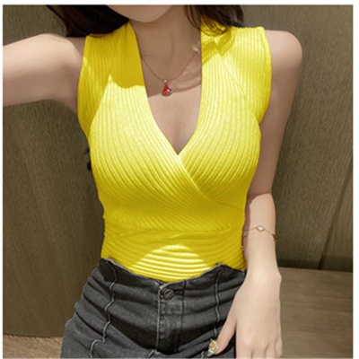 无袖打底背心女2024夏季性感低胸交叉深V领弹力紧身针织衫T恤上衣