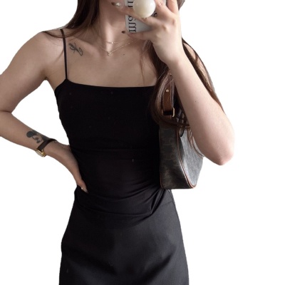 韩社百搭细肩小吊带带胸垫一体抹胸修身褶皱打底背心女外穿上衣潮