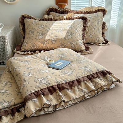 新款复古风双层纱水洗棉夏被四件套床单床笠款床品花边空调被薄被