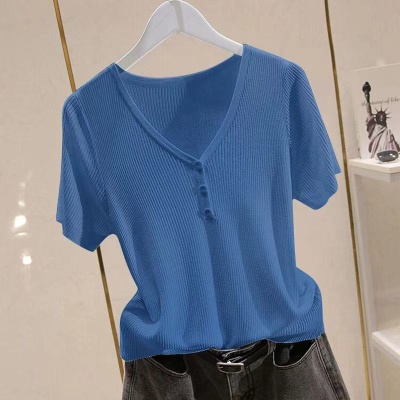 冰丝短袖t恤女针织衫2023夏季新款潮百搭薄款V领显瘦打底上衣外穿