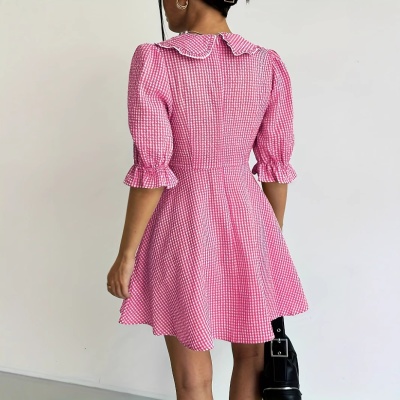 2025独立站欧美女装夏季新品甜辣气质格子V领泡泡袖收腰连衣裙