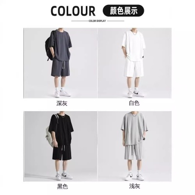 冰丝短袖T恤休闲套装男士夏季2024新款纯色运动速干情侣装两件套