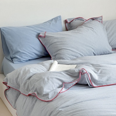 ins风密拷边全棉水洗棉条纹四件套纯棉被套床单亲肤裸睡床上用品