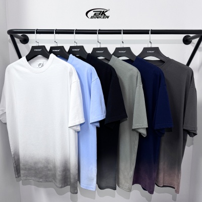 BK男装纯棉250G渐变喷色短袖男青少年美式高街洗水做旧宽松型t恤