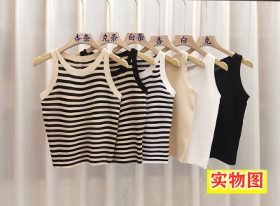 2023新款吊带背心 辣妹撞色条纹无袖t恤女内搭又纯又欲打底女上衣