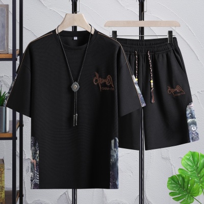 M-8XL新款加肥加大码运动休闲男刺绣套装夏季潮胖子宽松短袖套装