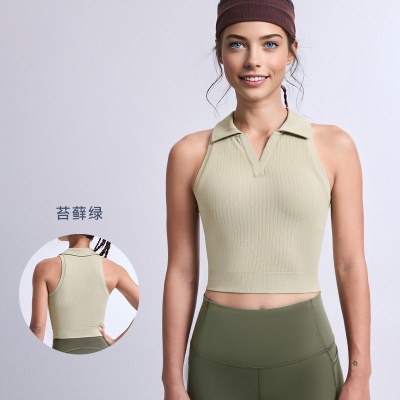 跨境新品纯色翻领运动背心女春夏健身上衣专业跑步户外运动内衣