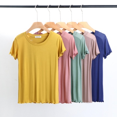 2025款百搭上衣圆领飞边木耳边短袖显瘦内搭通勤夏女T恤打底衫