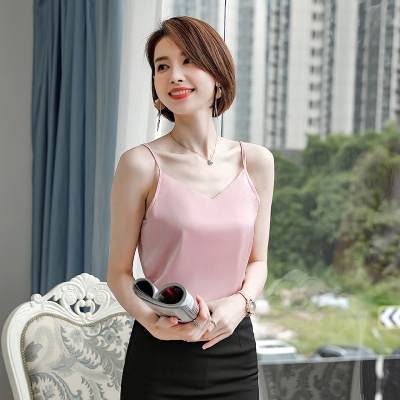 春夏V领仿桑蚕丝上衣优雅内搭缎面吊带背心女2025新款打底衫