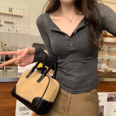 半开领微透坑条长袖t恤女2025春夏季新款修身显瘦内搭打底衫上衣