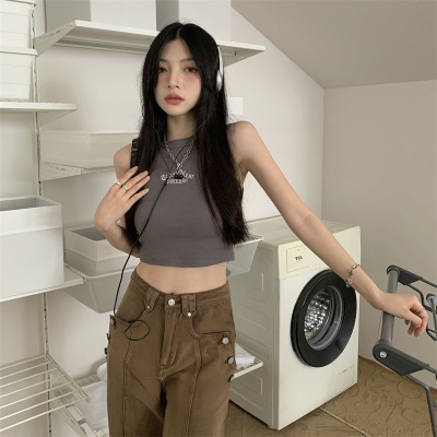 韩版甜辣妹无袖工字内搭小吊带背心女士新款削肩短款外穿别致上衣