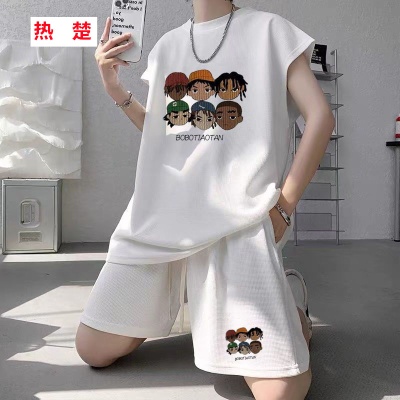 夏季新款大码男士运动套装华夫格潮无袖背心t恤百搭休闲两件套12