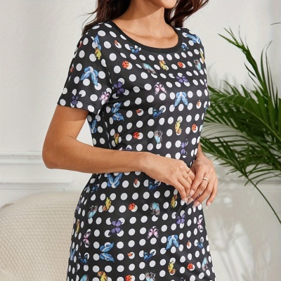 跨境印花短袖连衣裙新款女装夏季欧美亚马逊圆领睡衣家居服可外穿