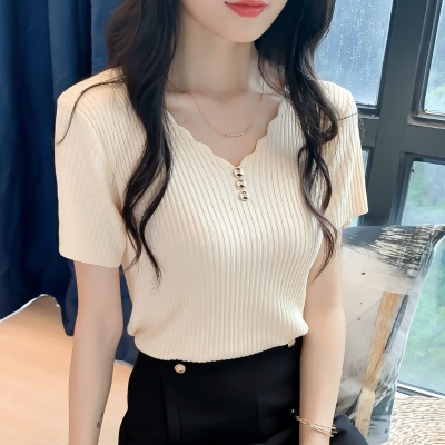 冰丝短袖t恤女2025夏季新款白色V领上衣短款修身半袖针织打底衫薄