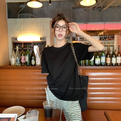 简约白色休闲基础款短袖T恤女装早春慵懒风圆领宽松显瘦套头上衣