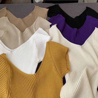 欧玛莱 纯欲风夏季时尚双V领短袖纯色修身显瘦针织衫上衣批发3215