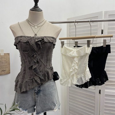 实拍 废土风抹胸做旧破洞不规则荷叶边背心千禧辣妹无袖上衣 9228