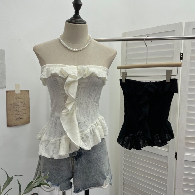 实拍 废土风抹胸做旧破洞不规则荷叶边背心千禧辣妹无袖上衣 9228