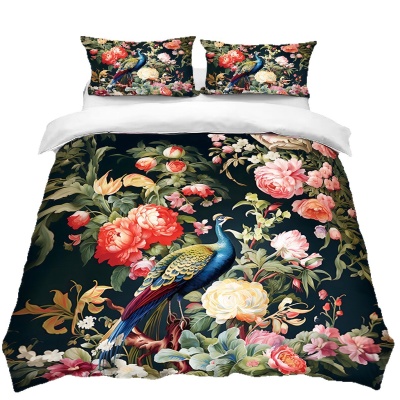 出口被套三件套孔雀3D数码印花被套套件床上用品外贸家纺POD定制