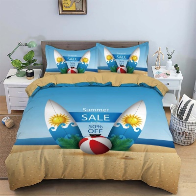 跨境床上三件套定制90磨毛布数码印花夏威夷沙滩被套枕套代发厂家