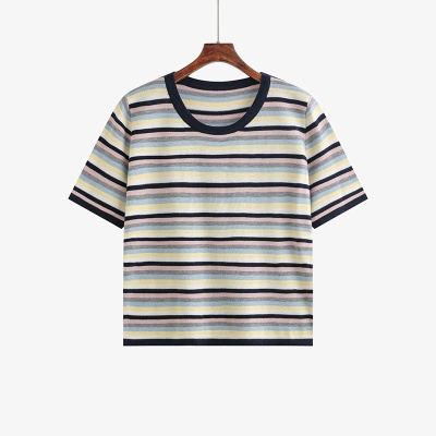 大码女装彩色条纹上衣女针织衫2025夏款胖mm宽松显瘦短袖t恤22837