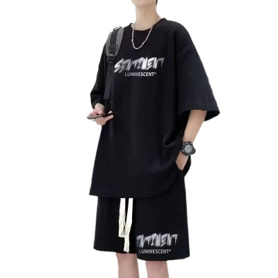 华夫格套装男生夏季青少年休闲运动装搭配帅气短裤男短袖两件套潮