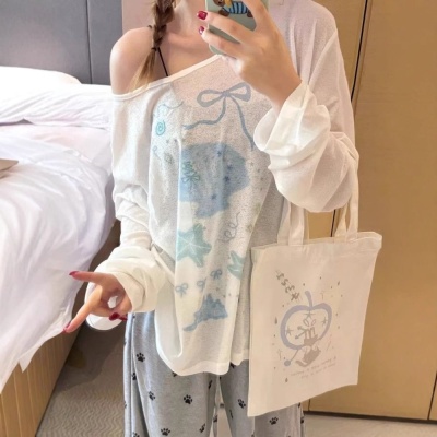 小众印花长袖防晒罩衫T恤女夏季设计感个性可爱宽松百搭薄款上衣