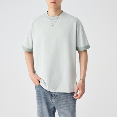 墨麦客男装撞色假两件短袖男2025夏季新款双色色织圆领T恤71906.