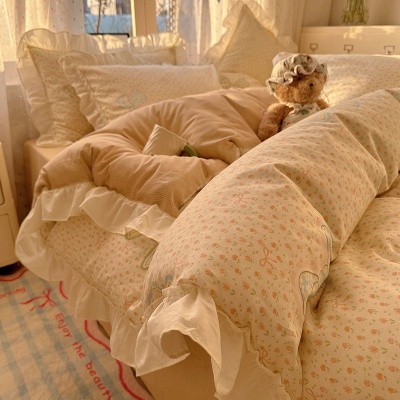 法式全棉床上四件套韩版花边纯棉被套床单被罩三件套南通家纺床品