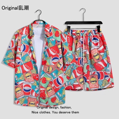 夏威夷沙滩度假风短袖套装男女学生宽松情侣短裤花衬衣休闲两件套