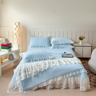 韩版水洗棉夏凉被床盖款四件套少女心空调水洗花边床裙夏被空调薄