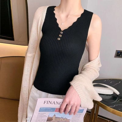 大码纽扣吊带背心女夏外穿冰丝针织衫百搭打底衫性感v领T桖上衣女