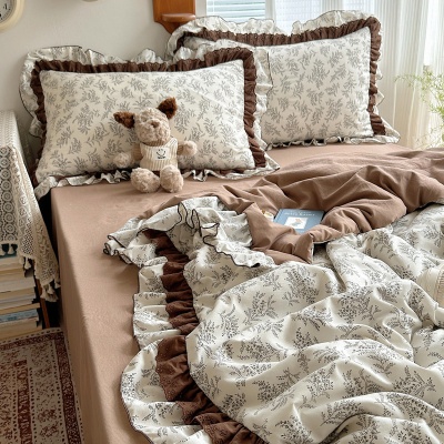 新款复古风双层纱水洗棉夏被四件套床单床笠款床品花边空调被薄被