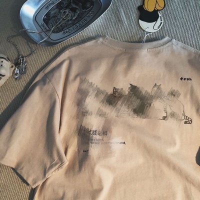 夏季新款慵懒风日系卡通猫咪印花T恤短袖男女百搭宽松半袖打底衫