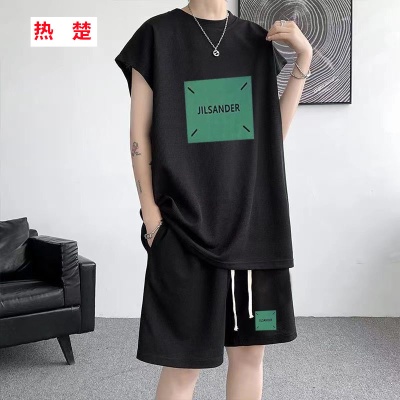 夏季新款大码男士运动套装华夫格潮无袖背心t恤百搭休闲两件套12