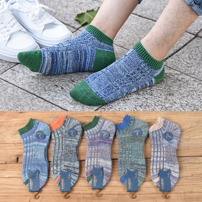 春秋新款男士袜子双针短筒棉袜运动户外船袜混线拼色吸汗透气批发