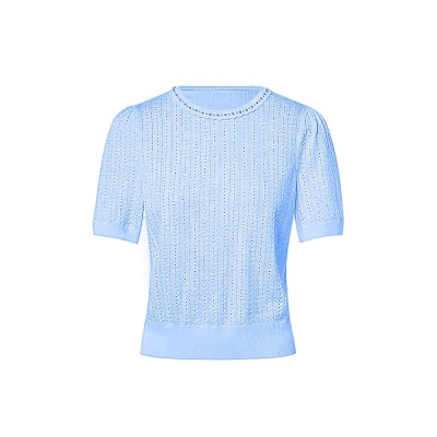拉珂D高端女装商场同款法式针织T恤高级感夏季新款圆领钉珠针织衫
