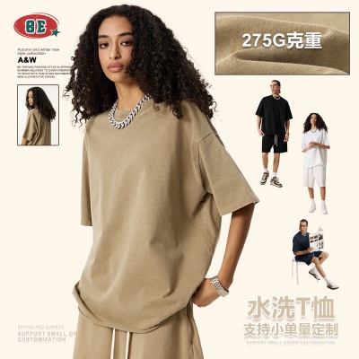 BE男装|2025夏季重磅跨境大码圆领纯棉t恤落肩宽松美拉德短袖男潮