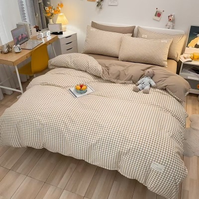 ins风格子纯棉四件套A类母婴级裸睡款床单被套纯色床上用品三件套