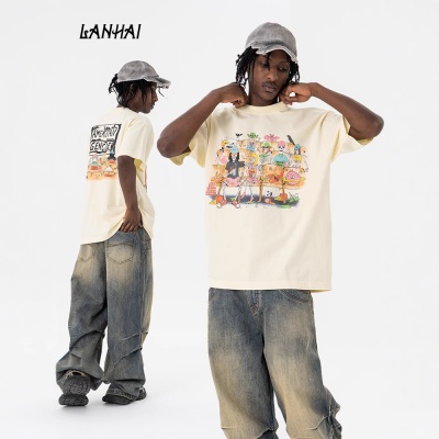 澜海男装2025春夏新品潮牌美式经典字母logo印花宽松休闲短袖T恤