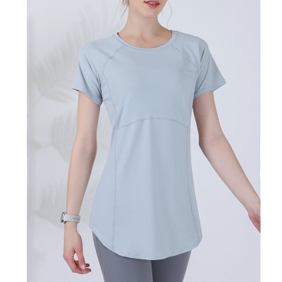 外贸2024新款瑜伽服女中长款遮臀显瘦短袖T恤跑步运动上衣健身服