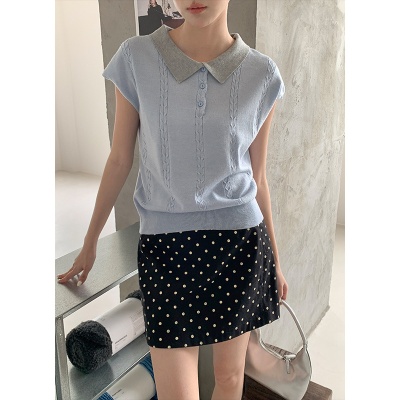 衣尔衫 miu风 氛围感撞polo领针织衫女麻花显瘦百搭短袖气质0341