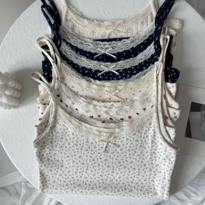 BM夏季纯欲性感碎花蕾丝蝴蝶结吊带背心女时尚修身显瘦内搭上衣