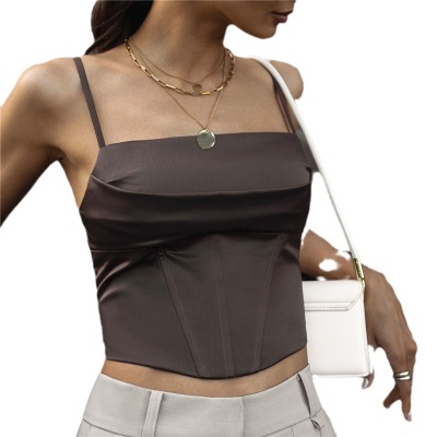 欧美跨境女装2024时尚辣妹缎面鱼骨系带露脐吊带打底背心 女爆款