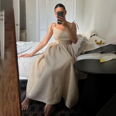 跨境纯棉V领吊带裙女欧美2025春新款气质优雅性感绑带露背连衣裙